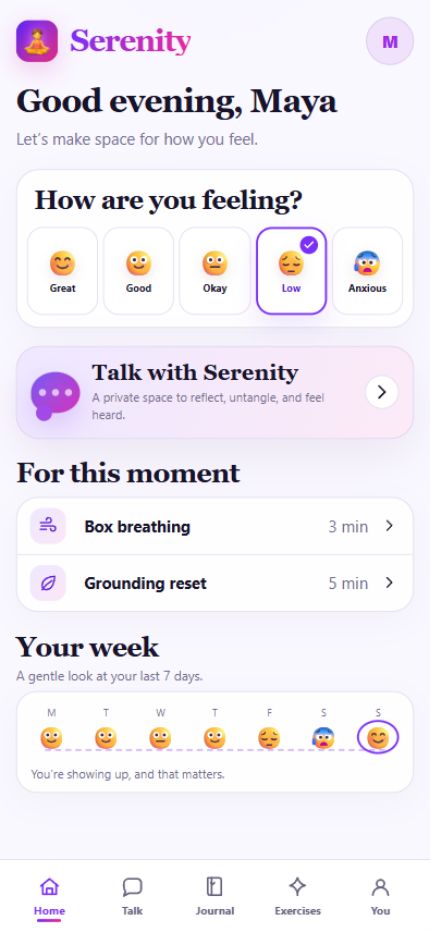 Serenity app home screen with a mood check-in, guided exercises, and a weekly mood overview.
