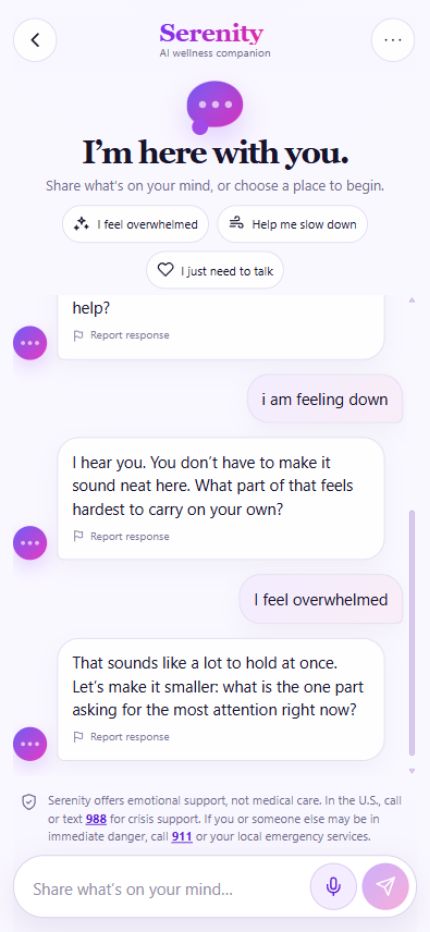 Serenity conversation screen showing its AI wellbeing companion and reflective conversation prompts.